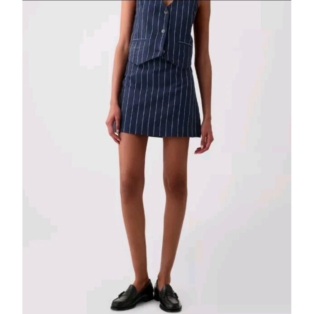 NEW Gap Navy Blue Pinstripe Mini Skirt Linen Cotton Blend Size 18